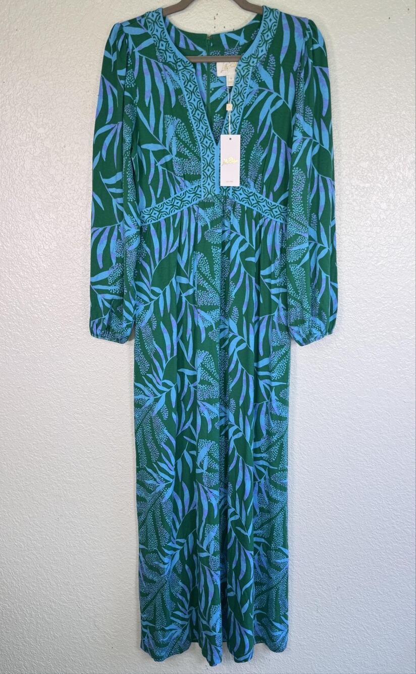 Lilly Pulitzer Wexlee Dress Womens 6 Maxi Fiddle Leaf Jungle Long Sleeve NEW